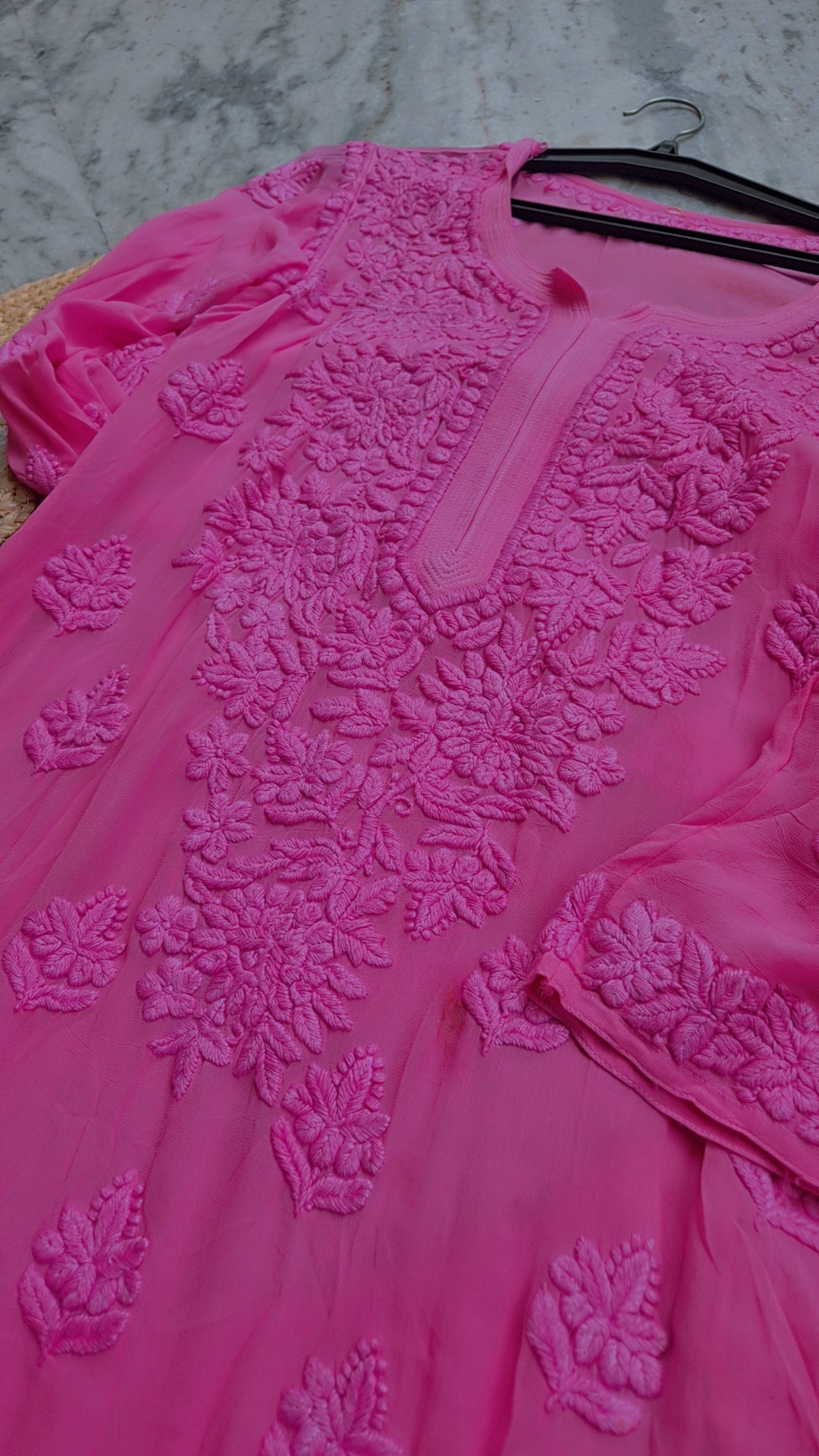 Pinkish lavender long Kurta set by LVW Fashions, featuring handmade Lucknow Chikankari on luxurious georgette fabric.