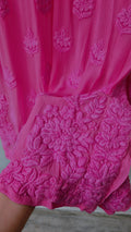 Pinkish lavender long kurta set by LVW Fashions, handmade Georgette with Lucknow Chikankari embroidery, luxurious and elegant.