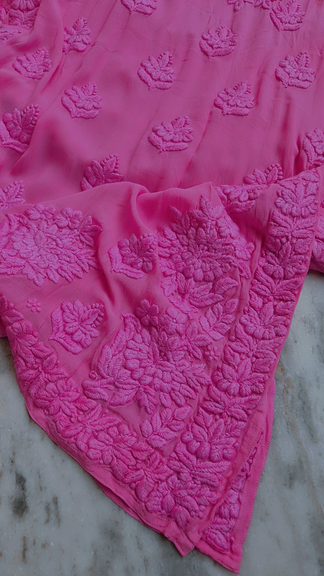 Pinkish lavender luxurious long Georgette Kurta set by LVW Fashions, handcrafted Lucknow Chikankari with intricate embroidery.