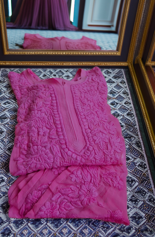Pinkish lavender luxurious long Kurta set by LVW Fashions, handmade Georgette with intricate Lucknow Chikankari embroidery.