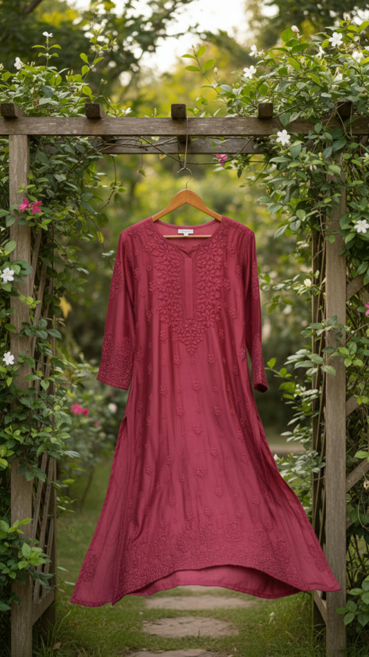 Salmon pink handcrafted Chikankari kurti set for women with heavy embroidery, featuring traditional Lucknow-style embroidery by LVW Fashions.