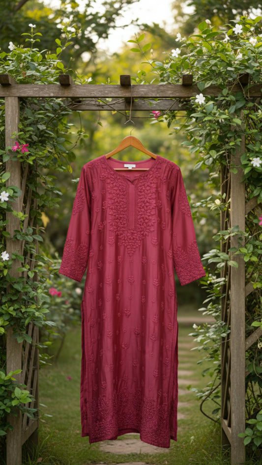 Salmon pink handcrafted Chikankari kurti set for women with heavy embroidery, made by LVW Fashions, featuring traditional Lucknow chikankari.