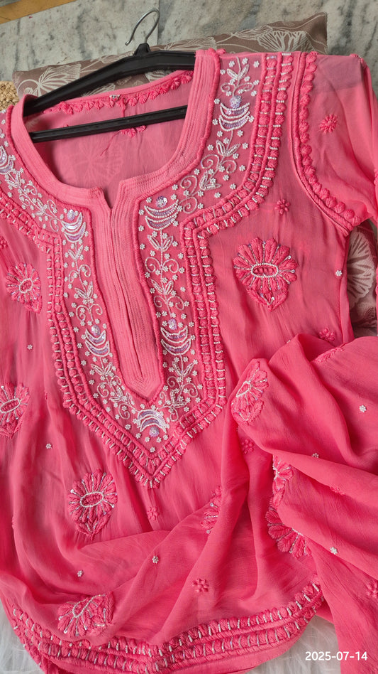 Salmon pink Noori premium georgette Chikankari Kurta with intricate Cutdana embroidery, handmade in Lucknow by LVW Fashions.