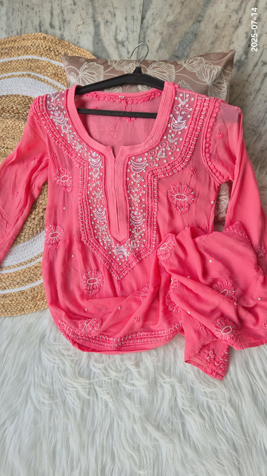 Salmon pink Noori premium georgette Chikankari kurta with Cutdana embroidery, handmade Lucknow Chikankari by LVW Fashions.
