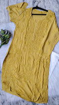 Sandy taupe LVW Fashions premium modal cotton long kurti with intricate handmade Lucknow chikankari, non-transparent and soft.