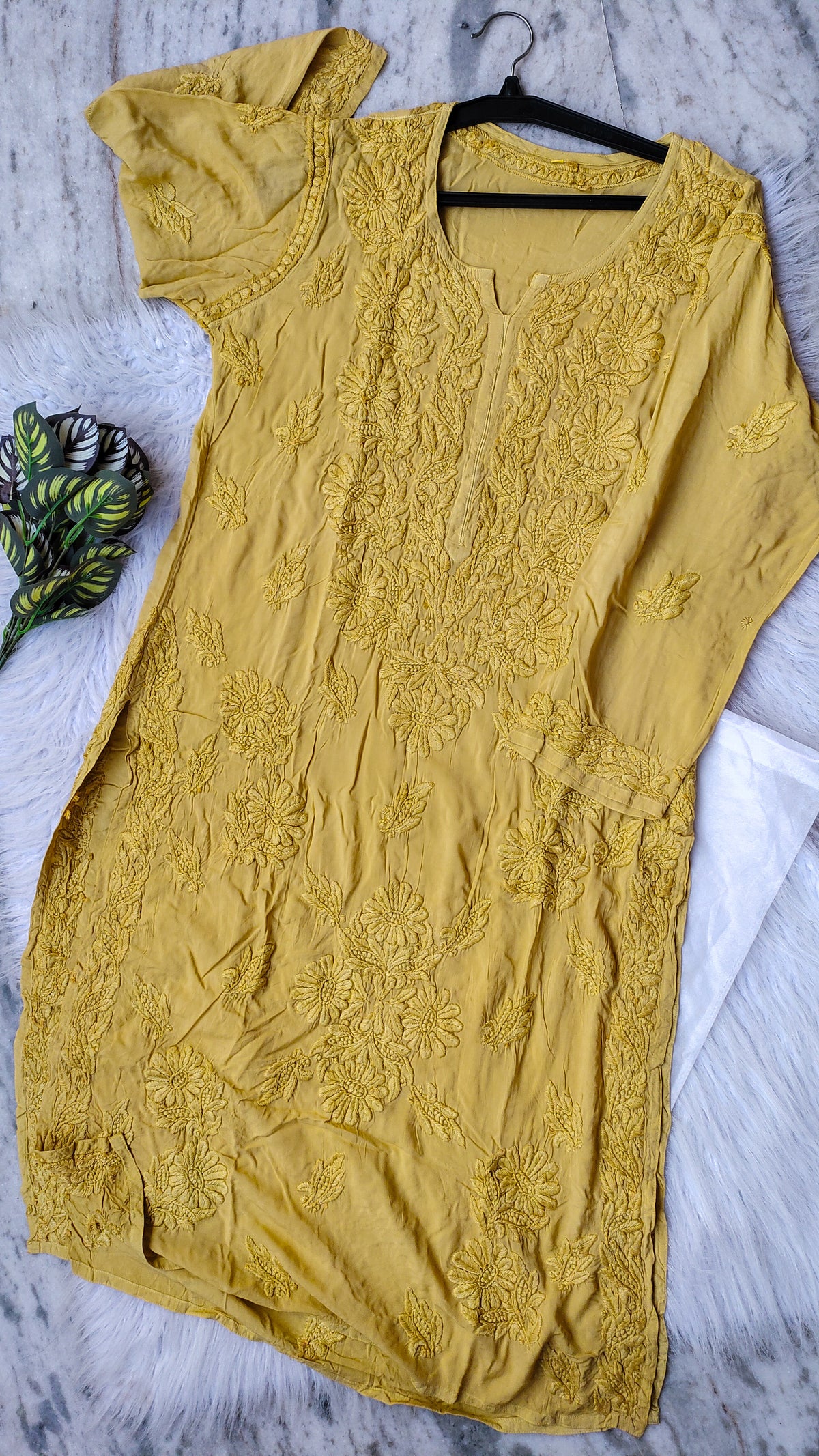 Sandy taupe LVW Fashions premium modal cotton long kurti with intricate handmade Lucknow chikankari, non-transparent and soft.