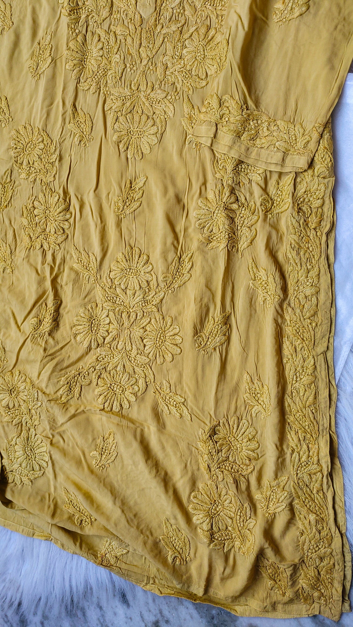 Sandy taupe LVW Fashions long Kurti with hand-embroidered Chikankari, made of premium modal cotton, non-transparent, soft and elegant.