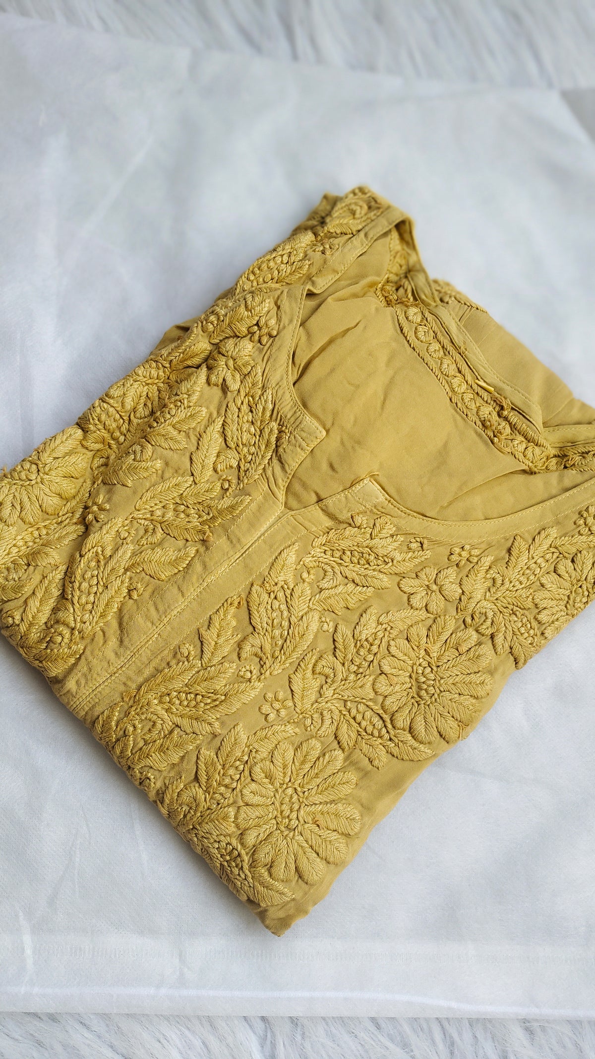 Sandy taupe LVW Fashions premium modal cotton long kurti with intricate handmade Lucknow chikankari embroidery, non-transparent and soft.