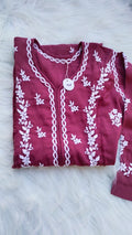 Handmade cotton Chikankari long kurta by LVW Fashions, stylish and comfy for summer, featuring intricate Lucknow Chikankari embroidery.