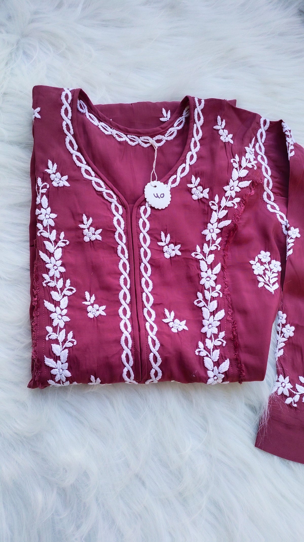 Handmade cotton Chikankari long kurta by LVW Fashions, stylish and comfy for summer, featuring intricate Lucknow Chikankari embroidery.