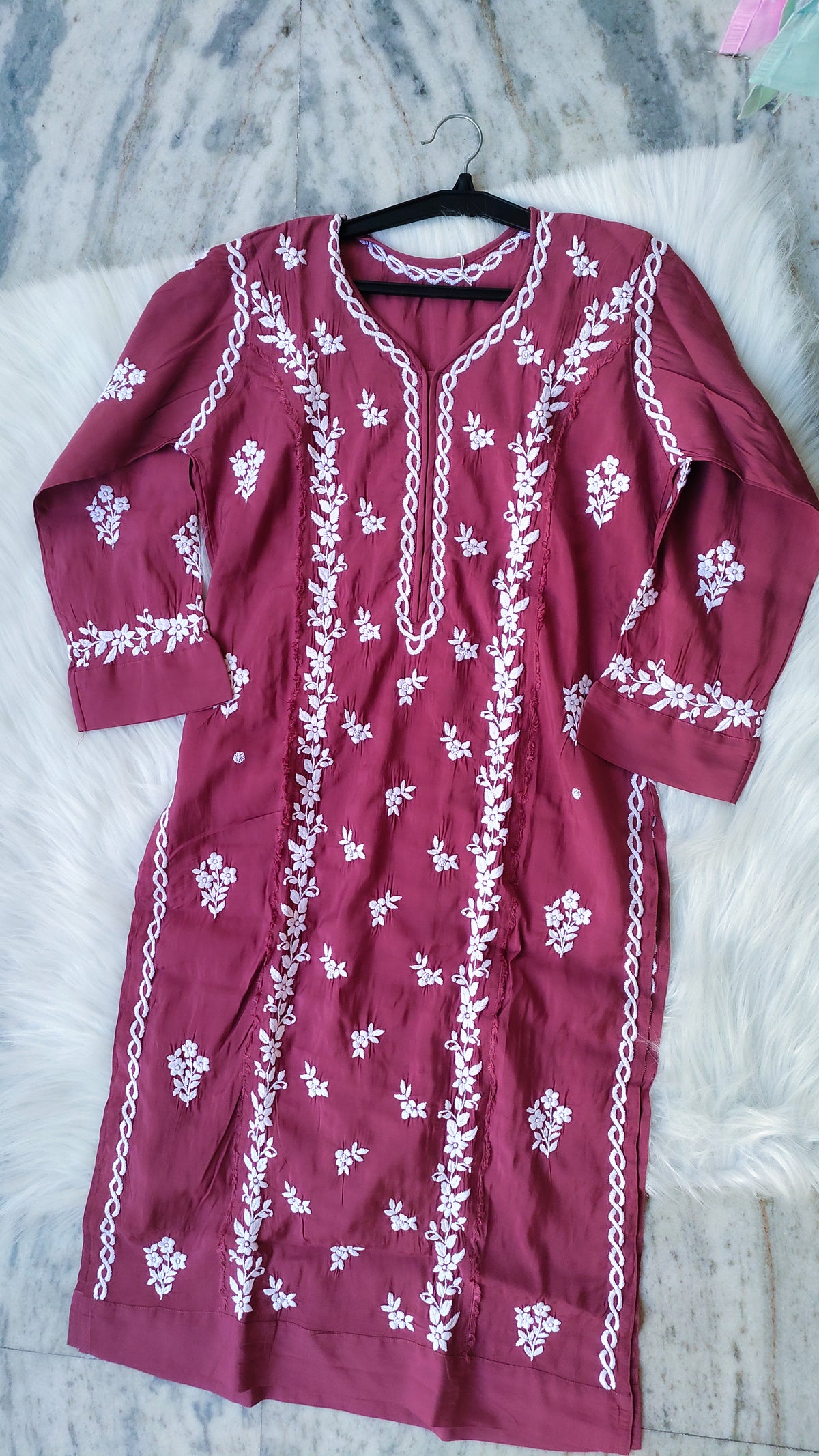 LVW Fashions handmade cotton Chikankari long kurta with intricate embroidery, perfect for summer wear.