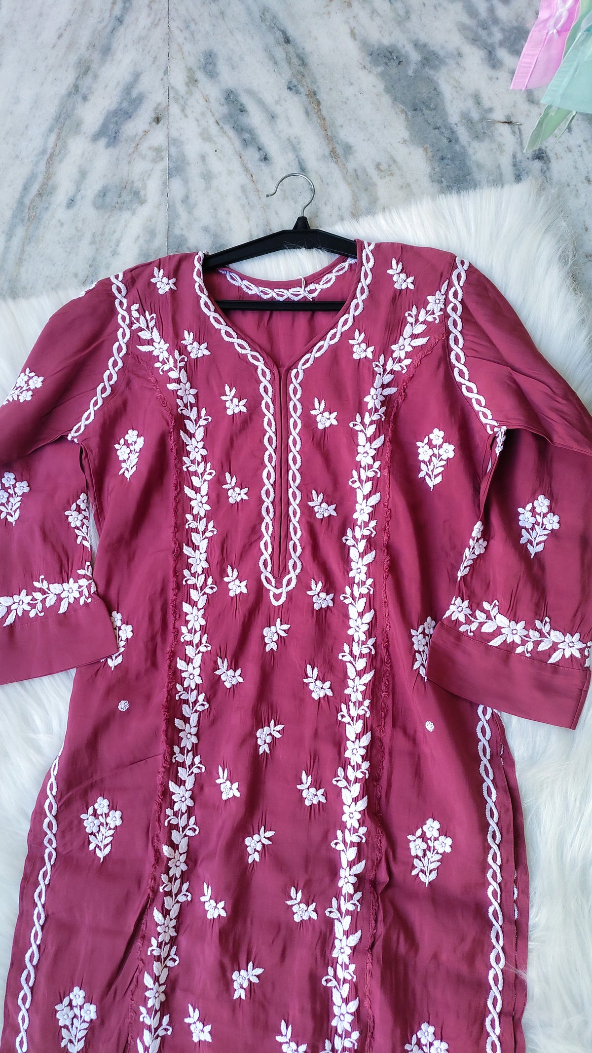 LVW Fashions handmade cotton Chikankari long kurta with intricate embroidery, perfect for summer wear.