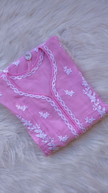 LVW Fashions handmade cotton Chikankari long kurta with intricate embroidery, perfect for summer wear.
