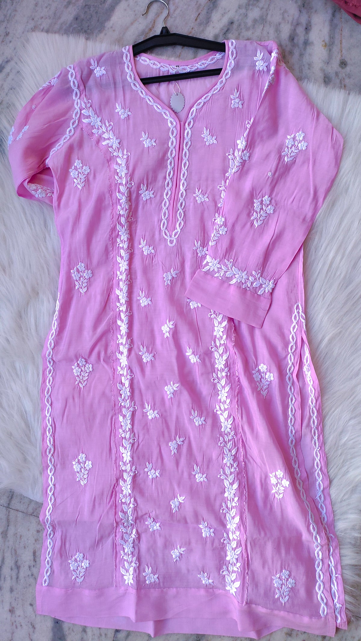 LVW Fashions handmade cotton Chikankari long kurta, stylish and comfortable for summer, featuring intricate Lucknow Chikankari embroidery.