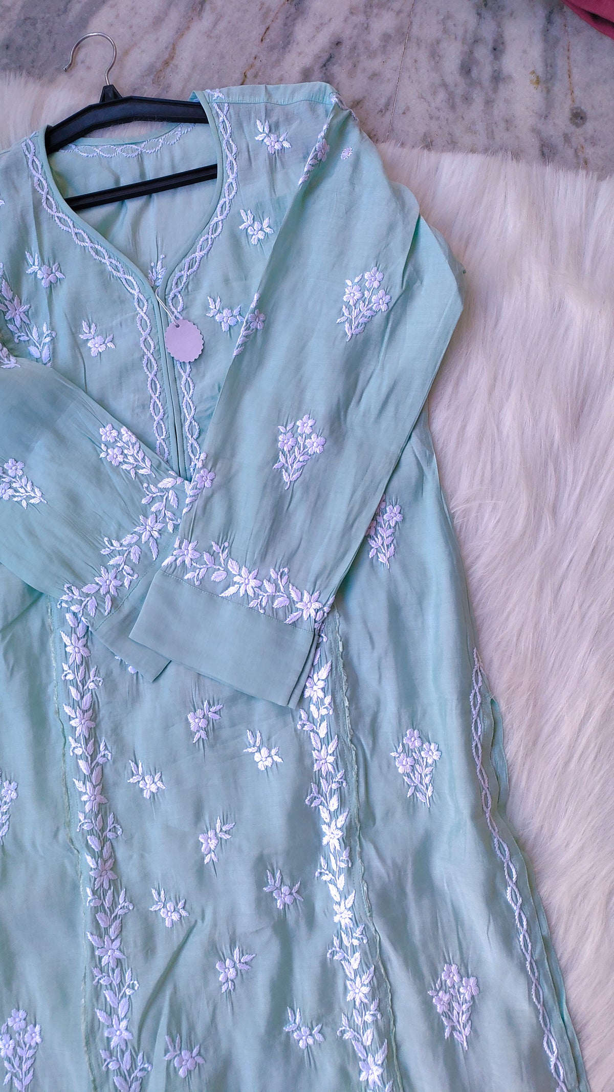 LVW Fashions handmade cotton Chikankari long kurta with intricate Lucknow embroidery, perfect for summer comfort and style.