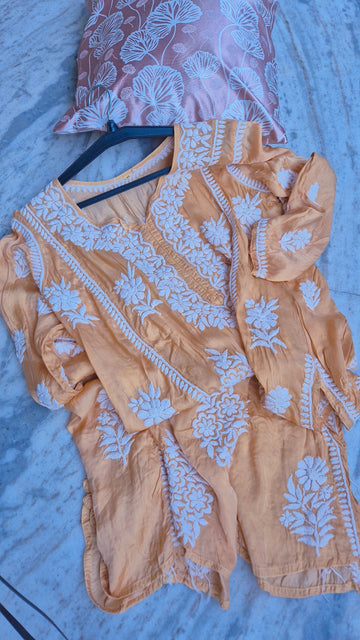 Luxurious Sedef Premium Silk Chikankari Long A-line Kurta by LVW Fashions, handmade Lucknow Chikankari in elegant design