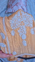 Luxurious Sedef Premium Silk Chikankari long A-line kurta by LVW Fashions, handcrafted Lucknow chikankari with intricate embroidery.