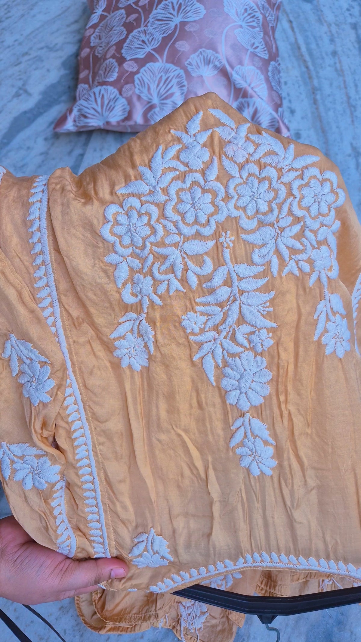 Luxurious Sedef Premium Silk Chikankari long A-line kurta by LVW Fashions, handcrafted Lucknow chikankari with intricate embroidery.