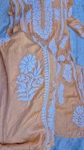 Luxurious long A-line silk kurta with intricate Lucknow chikankari embroidery by LVW Fashions, handmade and elegant.