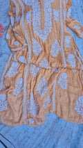 Luxurious Sedef Premium Silk Chikankari long A-line Kurta by LVW Fashions, handmade Lucknow chikankari in elegant design.