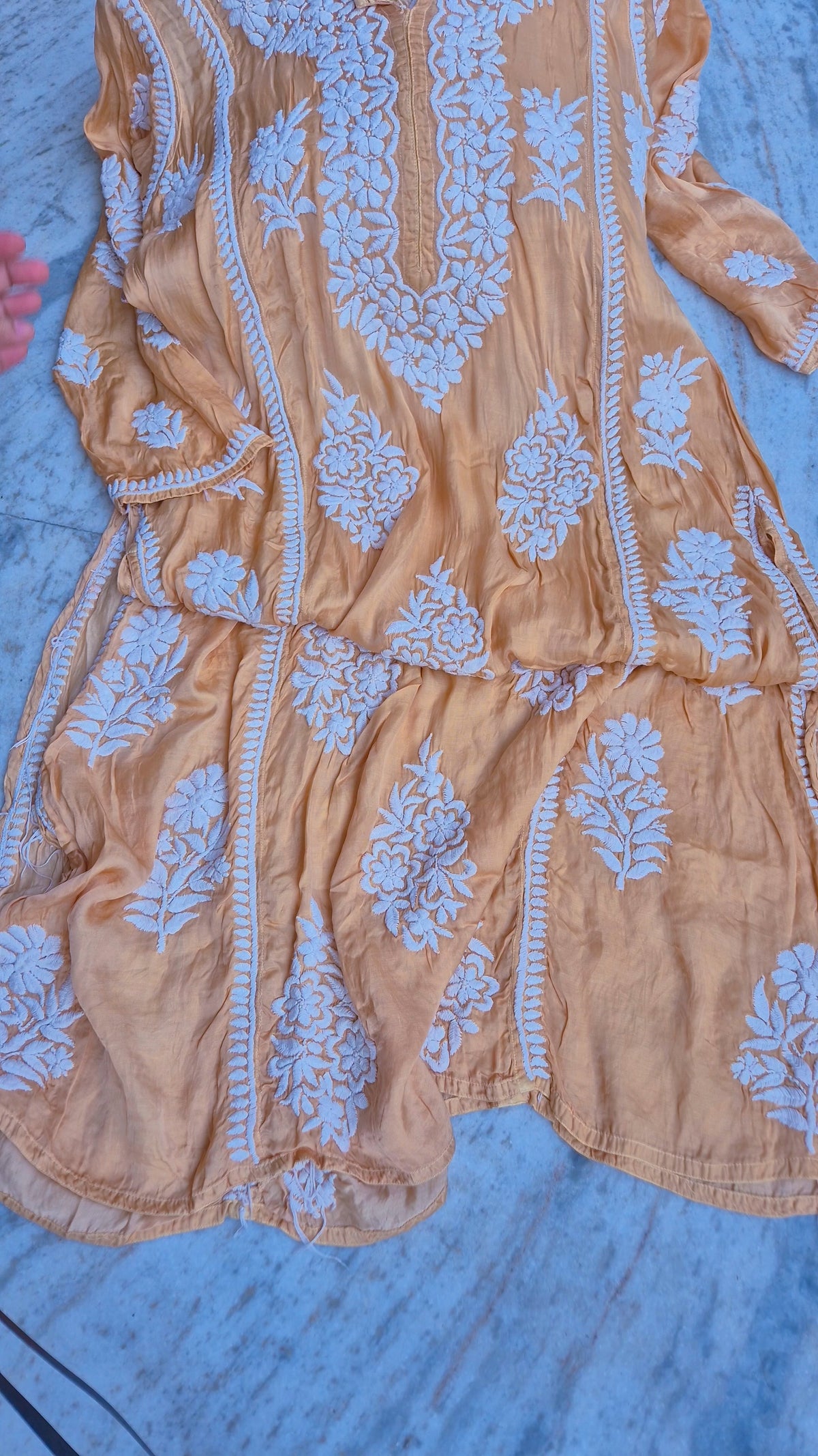 Luxurious Sedef Premium Silk Chikankari long A-line Kurta by LVW Fashions, handmade Lucknow chikankari in elegant design.