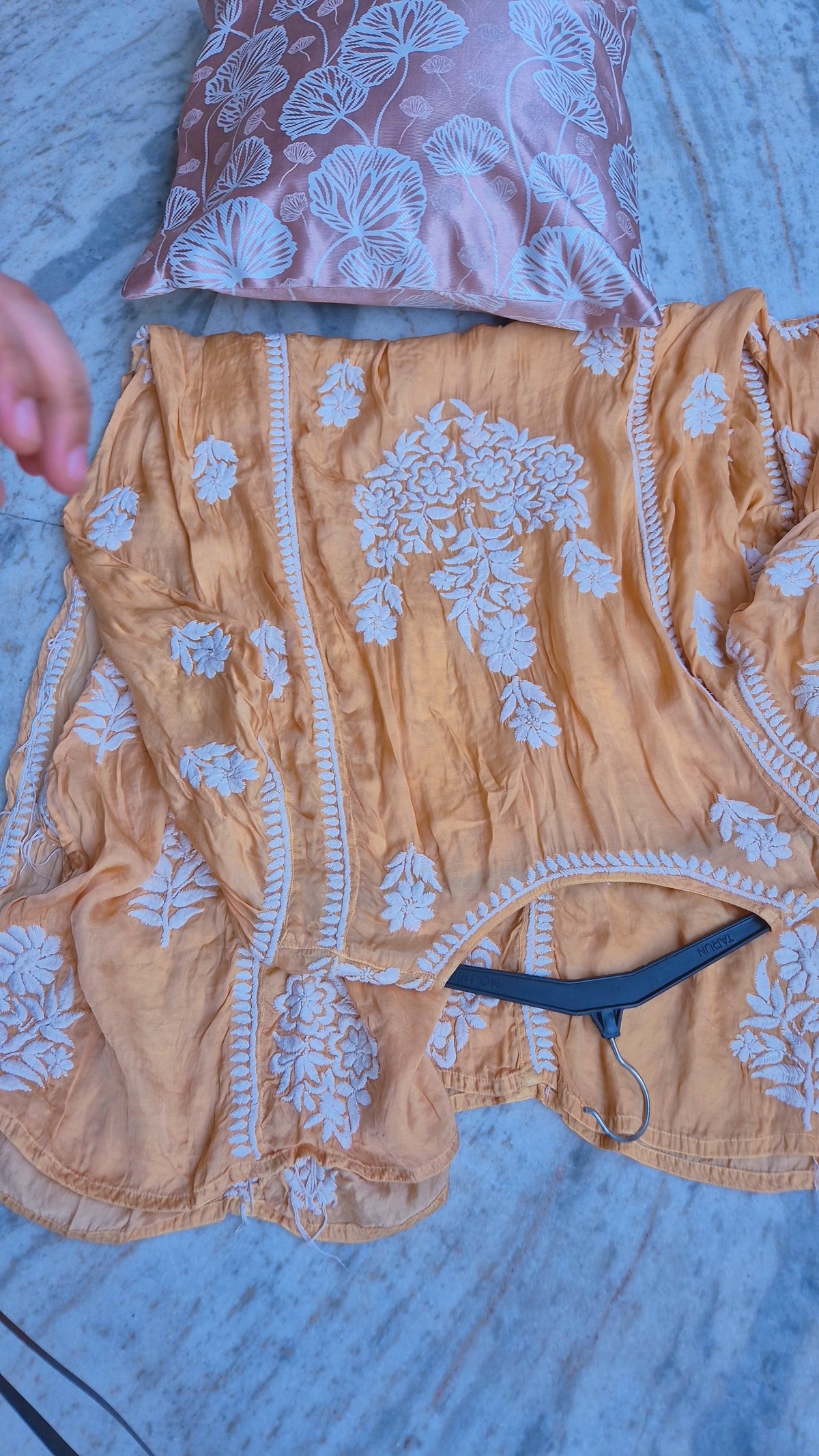 Luxurious Sedef Premium Silk Chikankari Long A-line Kurta by LVW Fashions, handcrafted Lucknow Chikankari in elegant design.