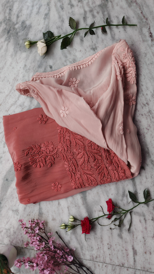 Shafaq Peach Ombre Premium Silk Chikankari Long Kurti by LVW Fashions, handcrafted Lucknow Chikankari with intricate embroidery.