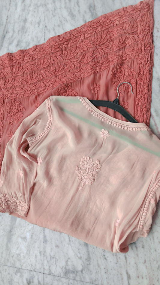 Shafaq Peach Ombre Premium Silk Chikankari Long Kurti by LVW Fashions, featuring intricate handmade Lucknow Chikankari embroidery.
