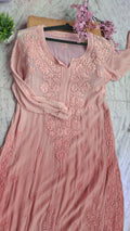 Shafaq Peach Ombre Premium Silk Chikankari Long Kurti by LVW Fashions, featuring intricate handmade Lucknow Chikankari embroidery.