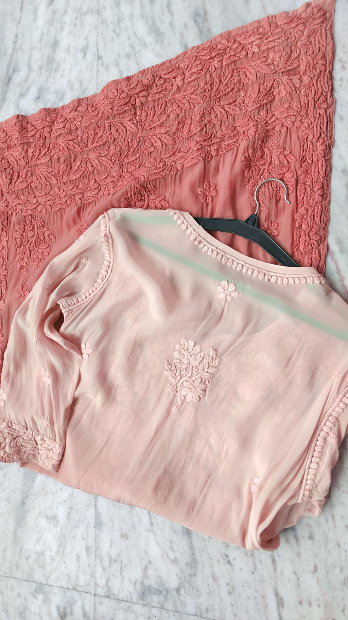 Shafaq Peach Ombre Premium Silk Chikankari Long Kurti by LVW Fashions, featuring intricate Lucknow Chikankari embroidery.