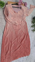 Peach ombre silk long Kurti with intricate white chikankari embroidery by LVW Fashions, handmade Lucknow Chikankari design.