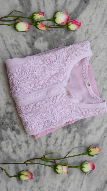 Handmade Shafaq Premium Georgette Kurta with intricate Lucknow Chikankari embroidery by LVW Fashions.