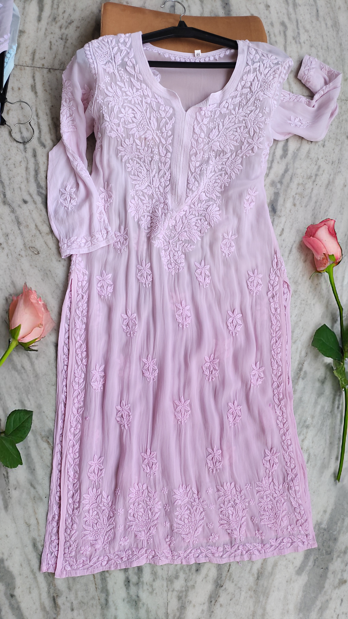 Shafaq Premium Georgette Chikankari Kurta by LVW Fashions showcasing intricate handmade Lucknow Chikankari embroidery on a luxurious look kurta.