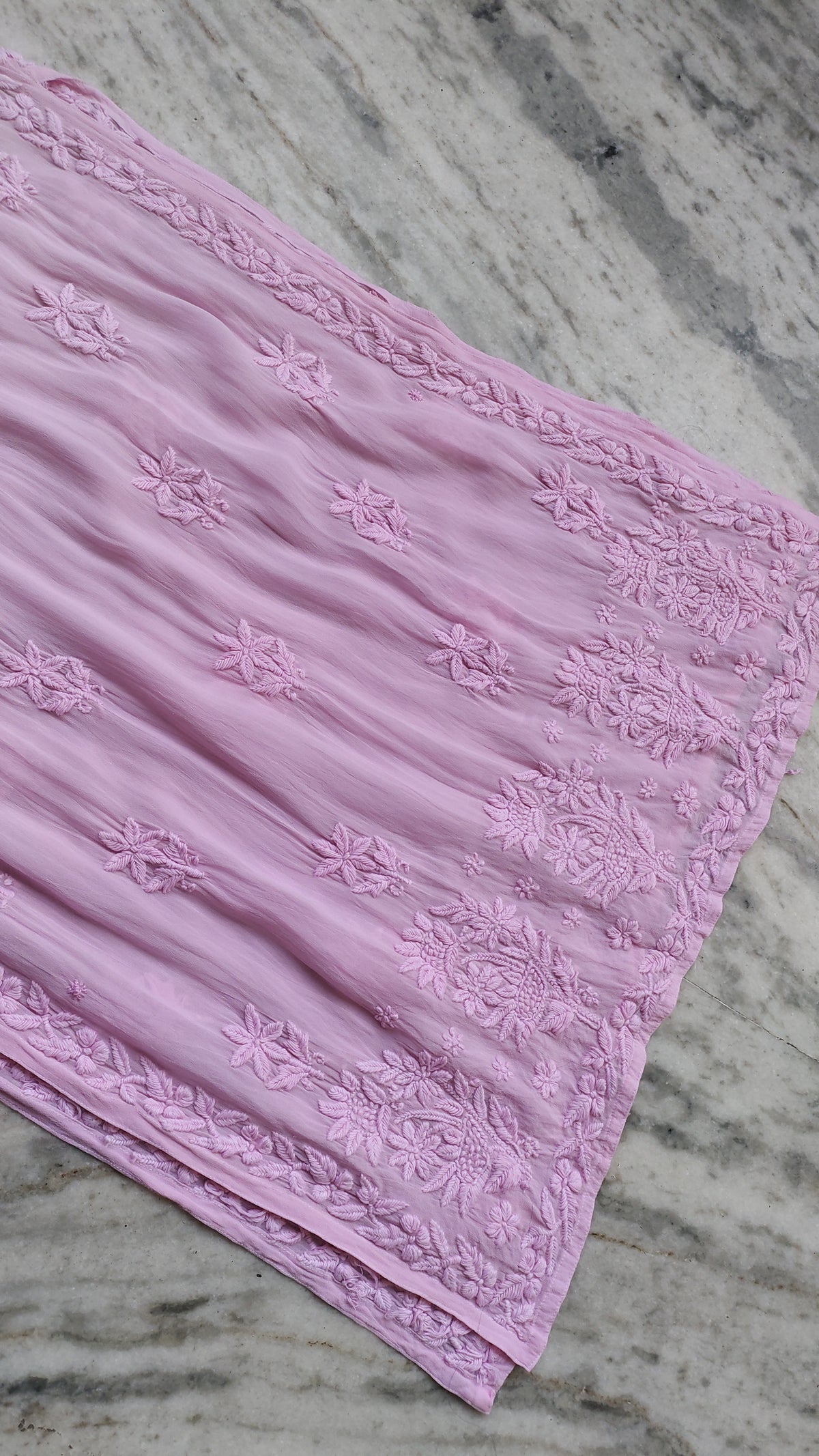 Handmade Shafaq Premium Georgette Chikankari Kurta by LVW Fashions featuring intricate Lucknow Chikankari embroidery.