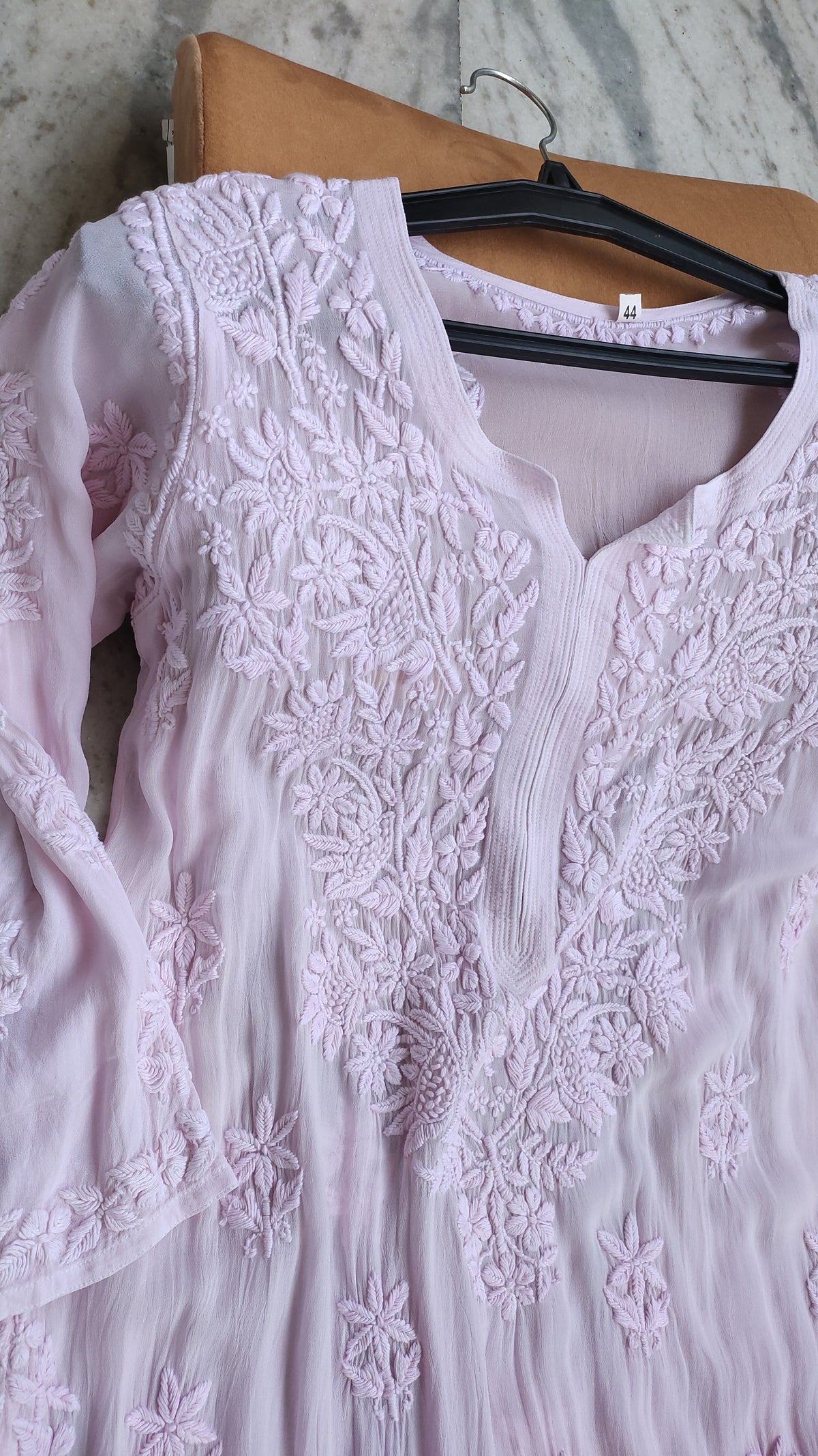 Shafaq Premium Georgette Chikankari luxurious look kurta by LVW Fashions, handmade Lucknow chikankari with intricate embroidery.