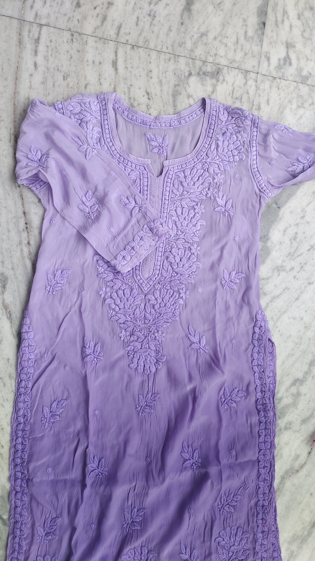 Shafaq premium silk chikankari long kurta by LVW Fashions featuring intricate handmade Lucknow chikankari embroidery.