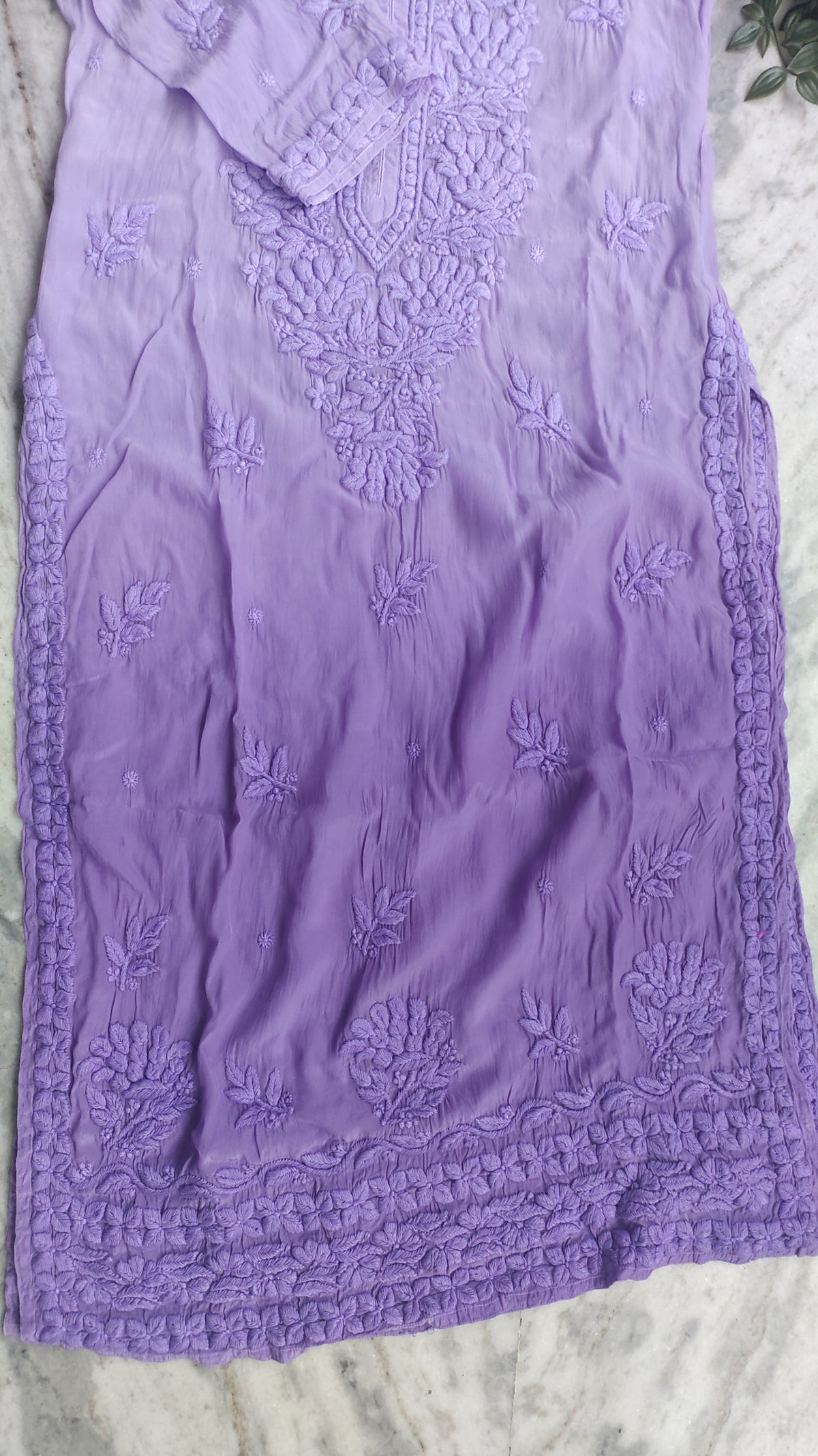 Shafaq premium silk chikankari long kurta by LVW Fashions, handcrafted Lucknow chikankari with intricate embroidery.