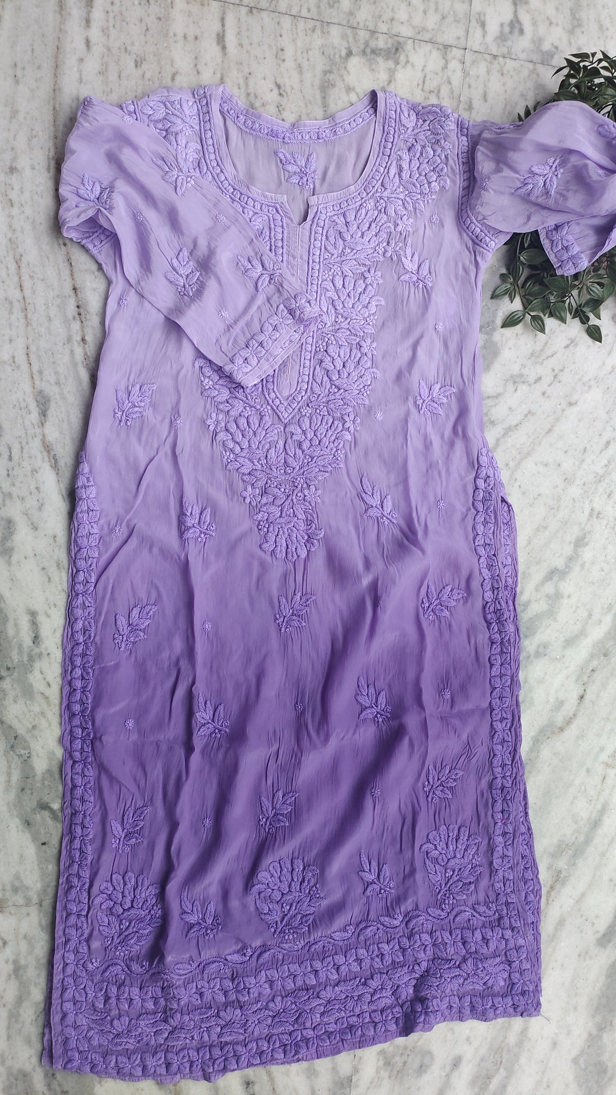 Shafaq premium silk chikankari long kurta by LVW Fashions featuring intricate handmade Lucknow chikankari embroidery.