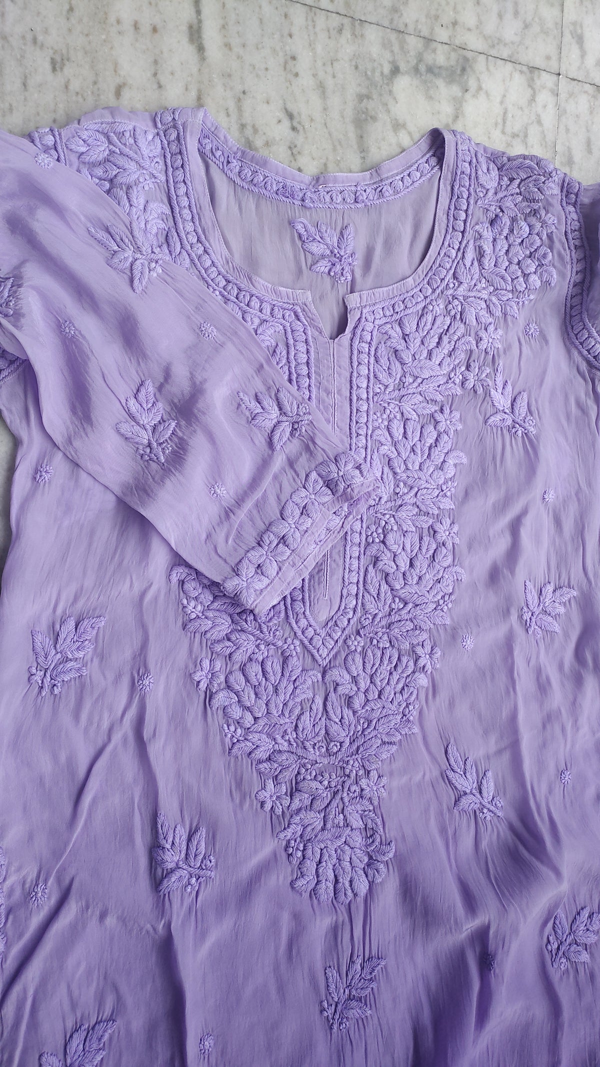 Shafaq premium silk long kurta with intricate handmade Lucknow chikankari embroidery by LVW Fashions.
