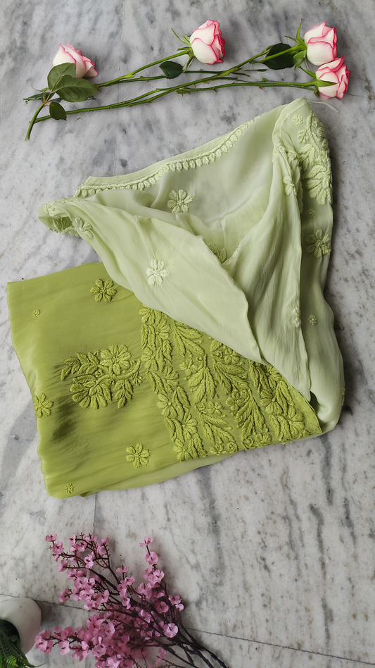 Shafaq premium silk Chikankari long kurti by LVW Fashions with intricate handmade Lucknow embroidery, shown in XXS size.