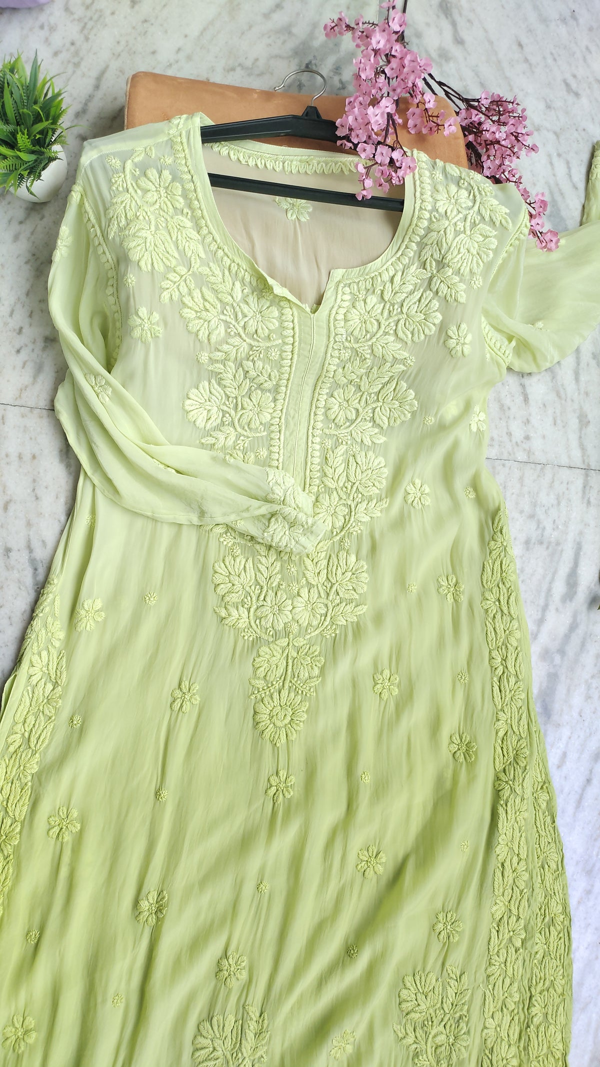 Shafaq premium silk long kurti with intricate handmade Lucknow chikankari embroidery by LVW Fashions, in a soft, elegant design.