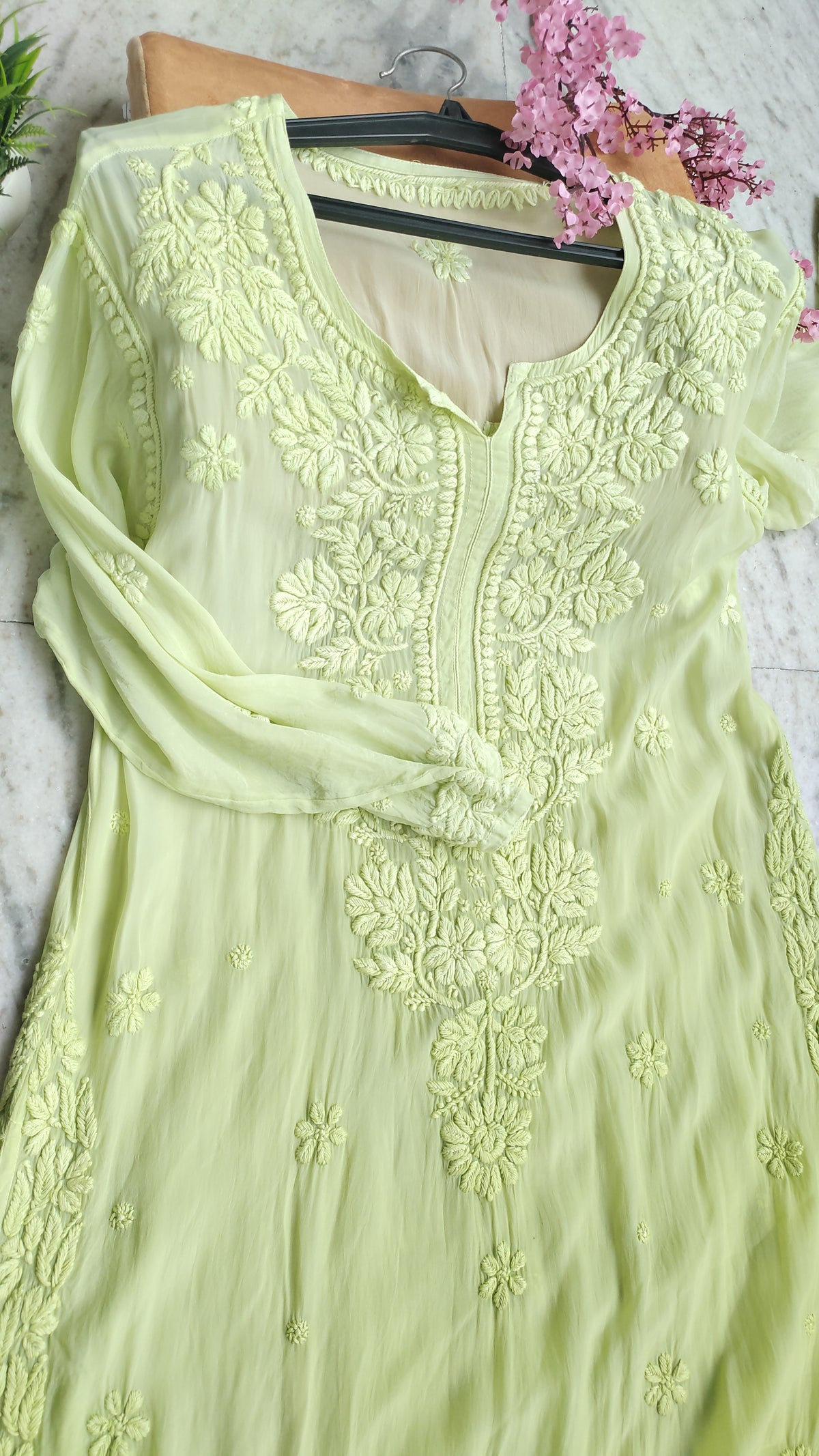 Shafaq premium silk long Kurti with intricate handmade Lucknow Chikankari by LVW Fashions, featuring elegant embroidery and a classic design.