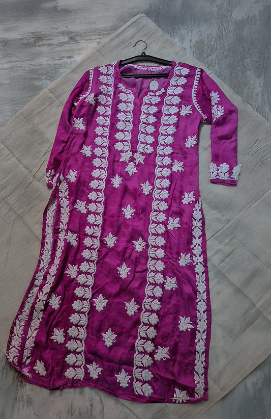 Shafaq Premium Silk Chikankari Long Kurti by LVW Fashions, handcrafted Lucknow chikankari kurta in elegant silk fabric.