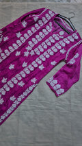 LVW Fashions Shafaq Premium Silk Chikankari Long Kurti with intricate Lucknow-style embroidery on smooth silk fabric.