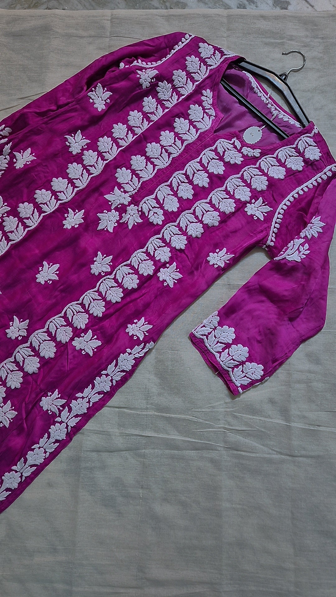 LVW Fashions Shafaq Premium Silk Chikankari Long Kurti with intricate Lucknow-style embroidery on smooth silk fabric.