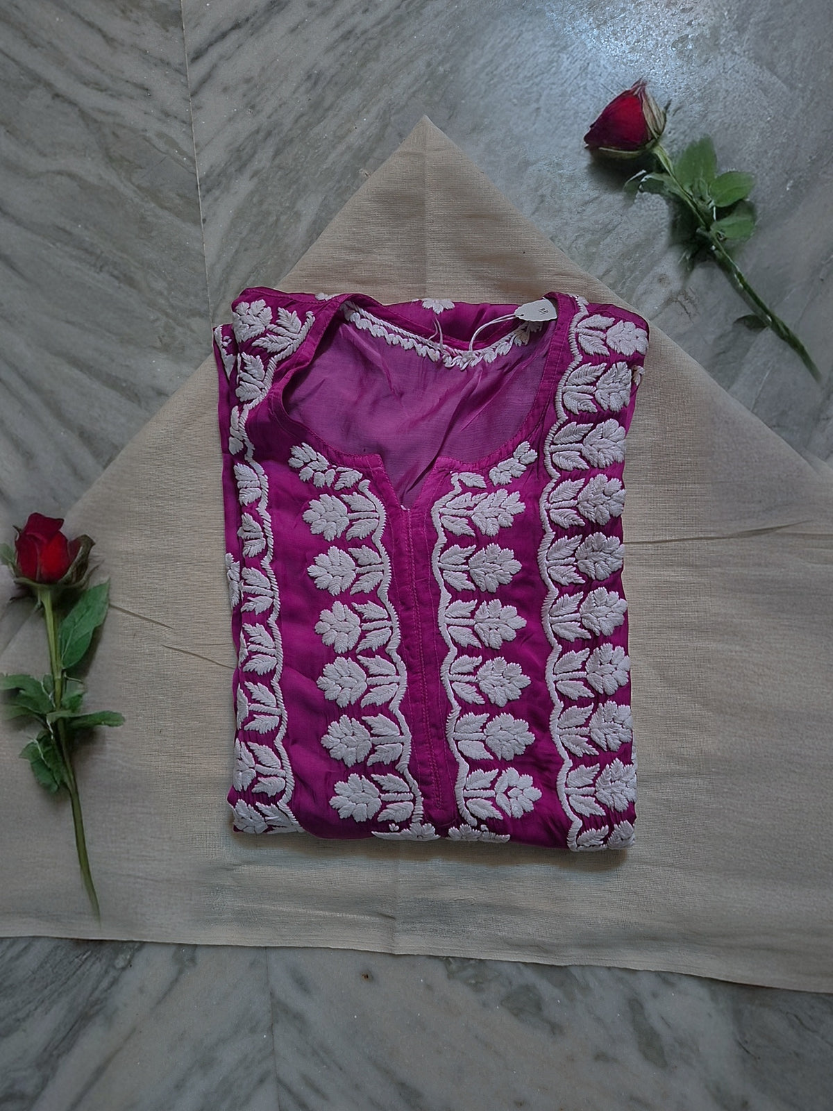 Shafaq premium silk chikankari long kurti by LVW Fashions, handmade Lucknow chikankari, featuring intricate embroidery and a long silhouette.