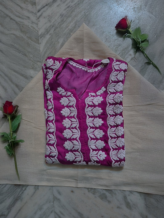 Shafaq premium silk chikankari long kurti by LVW Fashions, handmade Lucknow chikankari, featuring intricate embroidery and a long silhouette.