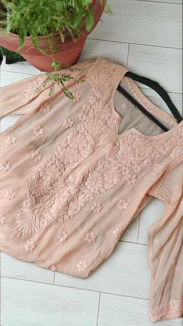 Shahsu premium silk Chikankari kurta by LVW Fashions featuring intricate Lucknow-style embroidery and slit design.