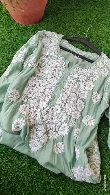 LVW Fashions Shahsu premium silk chikankari kurta with intricate handmade Lucknow chikankari design and luxurious look.