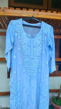 Silver blue silk Kurta with intricate Lucknow Chikankari embroidery from LVW Fashions, luxurious handmade Chikankari Kurta.